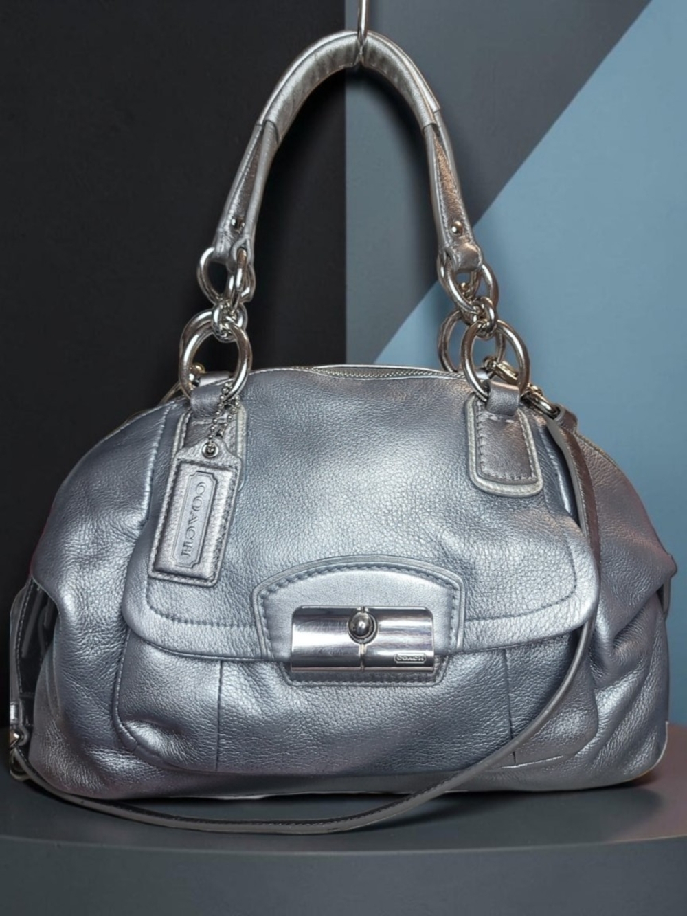 Coach Kristin Metallic Pewter Leather Front Flap Satchel Hobo Handbag 2012